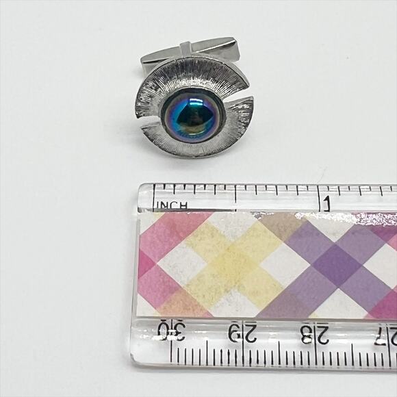 🎁 Vintage Silver Tone Round Design Iridescent Stone Cufflinks Menswear - Picture 5 of 5